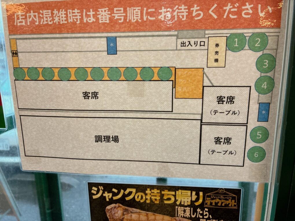 店内混雑時は、案内図に示された番号順で待つよう掲示されています。