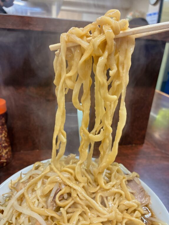 箸で持ち上げた幅広でうねりのある麺