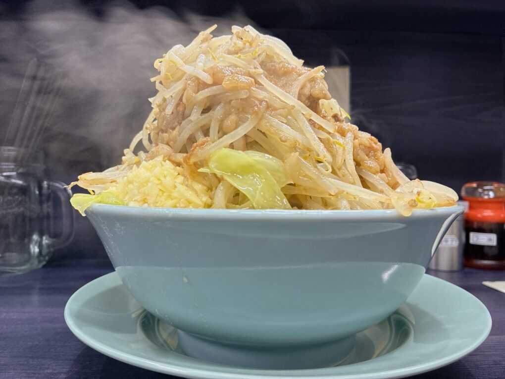 横から見ると、丼の上に積み上がったヤサイの高さがよく分かります。